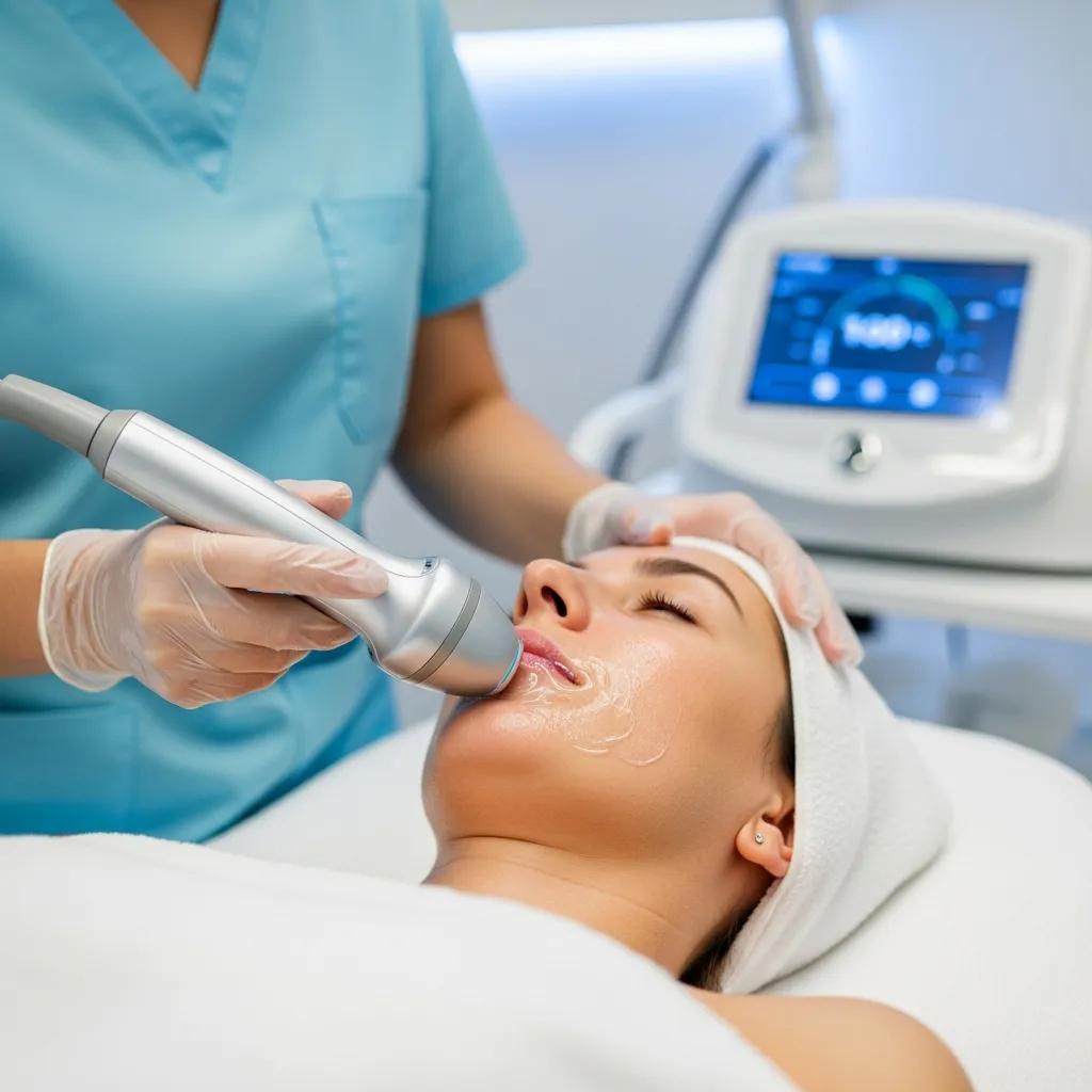 Practitioner applying a radio frequency device to improve skin firmness during a tightening session