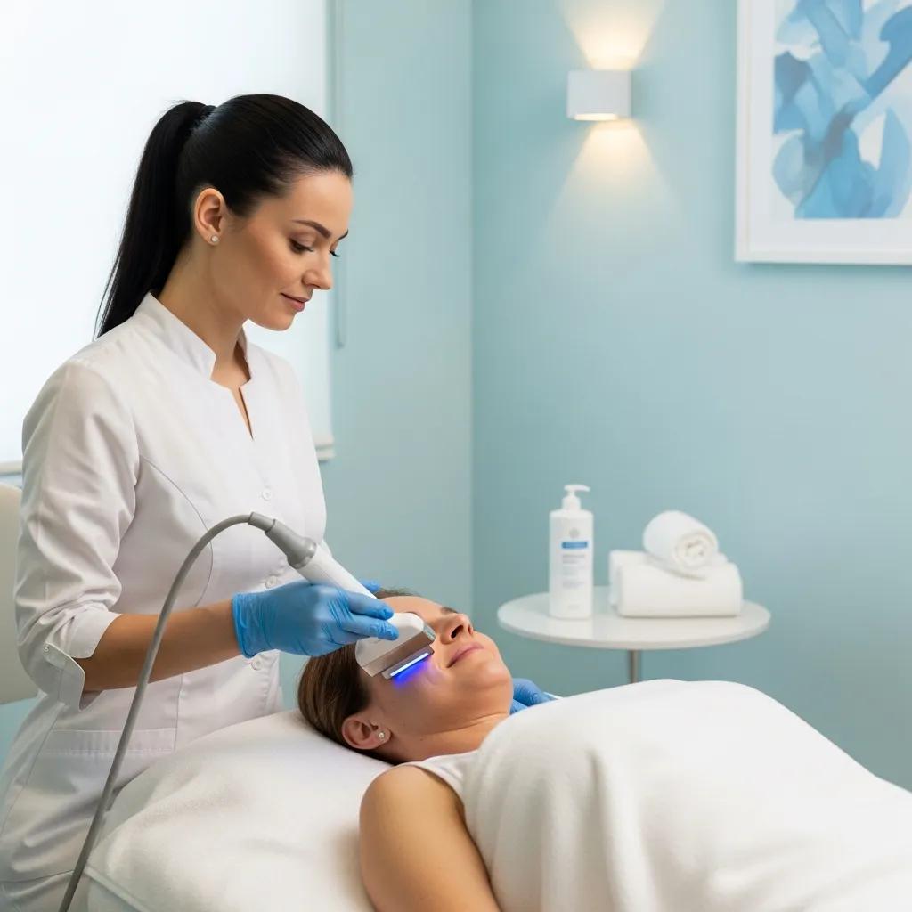 Technician performing ultrasonic cavitation on a relaxed client in a calm clinic setting