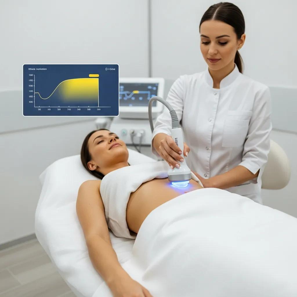 Ultrasonic cavitation session targeting localized fat reduction in a professional clinic